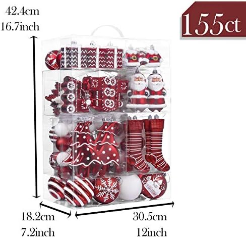 Valery Madelyn Tradicional Red e Branco Christmas Home Decor Value Pacote | Ornamento de bola de natal de 155ct, gancho