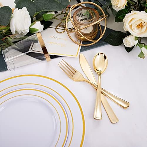 Placas de plástico de ouro de 96 PCs, talheres e xícaras de ouro descartáveis, utensílios de jantar dourado perfeito, inclui: