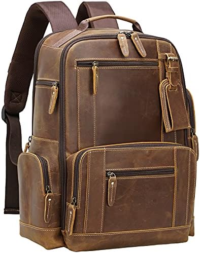 Masa Kawa Vintage Full Grein Leather 15,6 Laptop Mackpack para homens Grandes camping viagens rucksack weekender Daypack, Brown