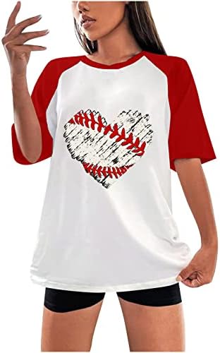 Camisa de coração de beisebol de coração angustiado para mulheres camiseta de manga curta mamãe mama redonda pescoço