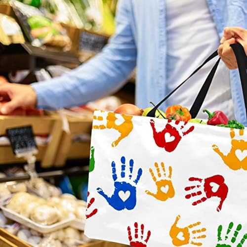 Cesta de compras reutilizáveis ​​amarelo azul verde hand handprint portátil dobramento piquenique bolsas de mercearia