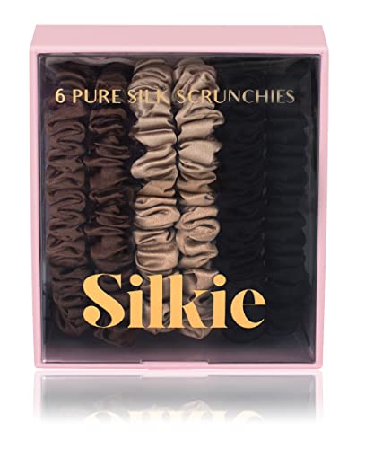 Silkie X6 Conjunto puro Mulberry seda preta chocolate marrom marrom rosa nu neutro skinny scrunchies de viagem bolsa de