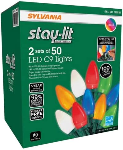 Sylvania Stay-Lit Platinum LED C9 Luzes de cordas, 2 conjuntos de 50, interno / externo