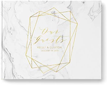 Livro de convidados de casamento de mármore com texto de papel dourado, páginas brancas em branco, capa dura em caixa, paisagem 10,9
