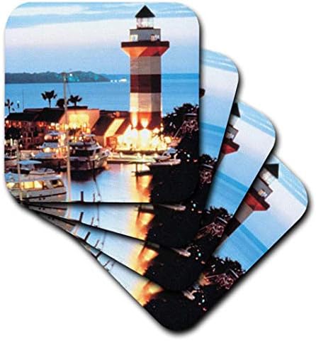 3drose CST_61725_1 Harbor Town Farthouse em Hilton Head Island em Dusk Soft Coasters, conjunto de 4