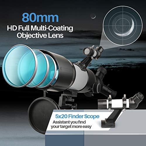 Telescópio para adultos para crianças iniciantes, 3 oculares rotativas de 80 mm Telescópio de Aperture HD refator