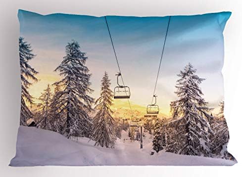 Ambesonne Winter Pillow Sham, montanhas com pistas de esqui e elevadores perto de um centro de férias do Wintersport Wintersport,
