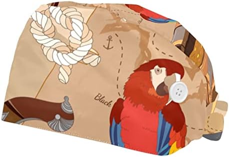 2 peças Parrot Viagem Chapéu cirúrgico para tampas médicas e bufantes com botões Banda de moletom de algodão, tampas de trabalho chapéu