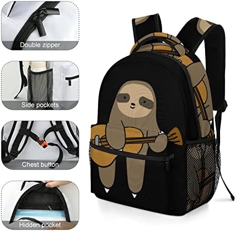 Guitar Sloth Backpack Bookbag fofo engraçado gráfico impresso para livros viagens de estudo