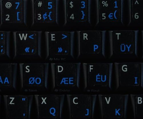 Rótulos do teclado do programador Dvorak com letras azuis em fundo transparente