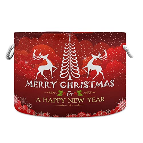 Kigai Christmas Reindeer Feliz Ano Novo Cesto de armazenamento grande com alça, cestas de lavanderia decorativa dobrável