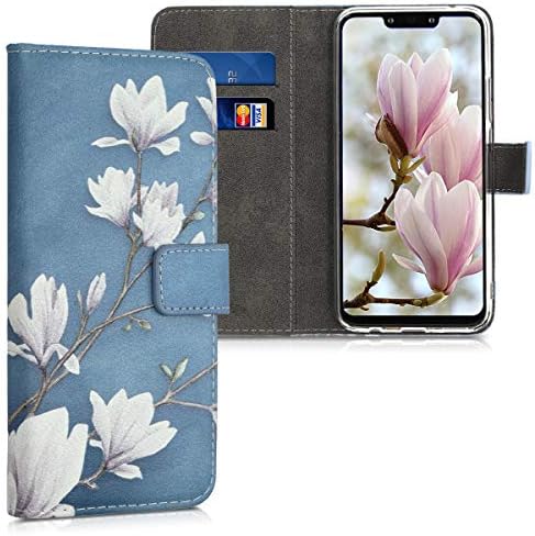 Caixa da carteira Kwmobile Compatível com Huawei Mate 20 Lite - Capa de couro Faux - Magnolias taupe/branco/azul cinza