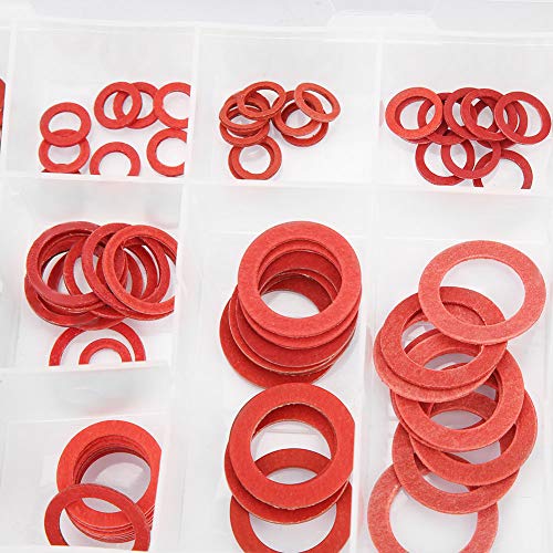 150pcs Arruela de fibra Arruela plana da lavadora plana, 14 tamanhos arruelas de anel de anel de anel vermelho Red Kit