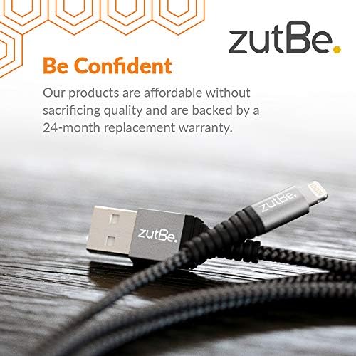 Zutbe Shield Silver & Black MFI Cabo Lightning Certified, carregador de kevlar trançado reforçado compatível com todo o