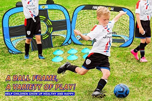 2 em 1 Pop -up Kids Soccer Getent Set de 2 redes de metas pop -up portáteis dobráveis ​​com alvo de alvo AIM e 8 cones de treinamento