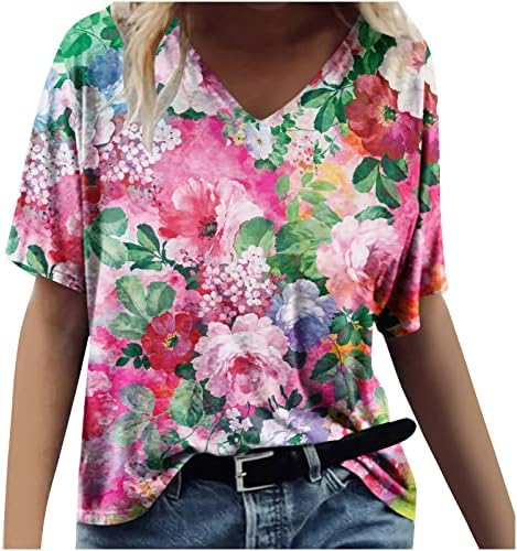 Tops florais para mulheres Manga curta Blusa da primavera de primavera 3D Summer V Neck Hawaiian Shirts Casual Praia solta