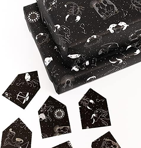 Central 23 - Papel de embrulho preto - Zodiac - StarSigns - 6 folhas de embrulho de presente de aniversário - Astrologia gótica
