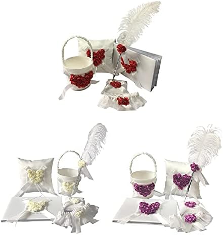 XJJZS 5pcs Livro de convidados de flores de casamento e caneta + cesta de flores + travesseiro de anel + liga