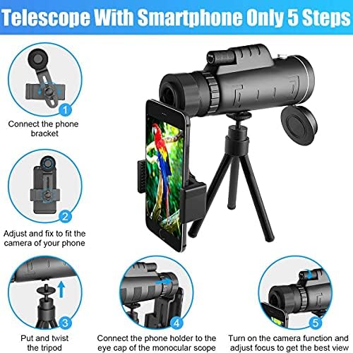 Telescópio Ximulizi 40x60 HD de tubo único com suporte, lente de zoom da câmera de celular + suporte de tripé + clipe de acampamento