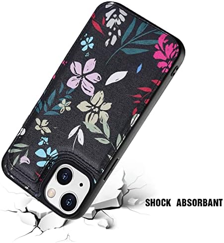 Flye Women Phone Wallet Case Compatível para iPhone 14 com porta -cartão, couro premuim com flores quebradas Adicionar encantos, facilmente