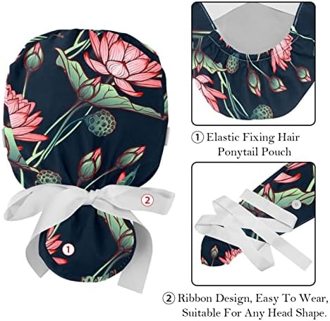 Lorvies Caps médicos para mulheres com botões de cabelo comprido, boné de trabalho ajustável de 2 peças, lírios padrão de flores
