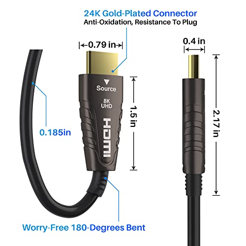 Adoreen 8k fibra óptica HDMI 2,1 cabo 25 pés, cordão HDMI óptico ativo para 8k@60Hz 4K@120Hz 2K@240Hz Dinâmico hdr earc hdcp2.2