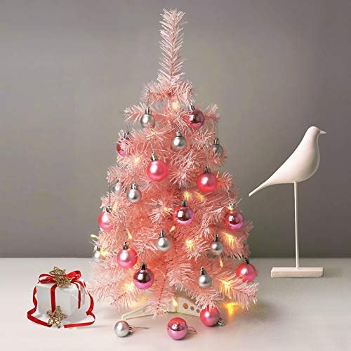 Árvore de Natal de TRRRAPLE COBLETOP com luzes, árvore de pinheiro artificial de pinheiro artificial pequena rosa para decoração