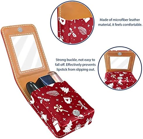 Caixa de batom com espelho Red Christmas Element Lip Gloss Suports portátil Batom de armazenamento Bolsa de maquiagem Bolsa de couro