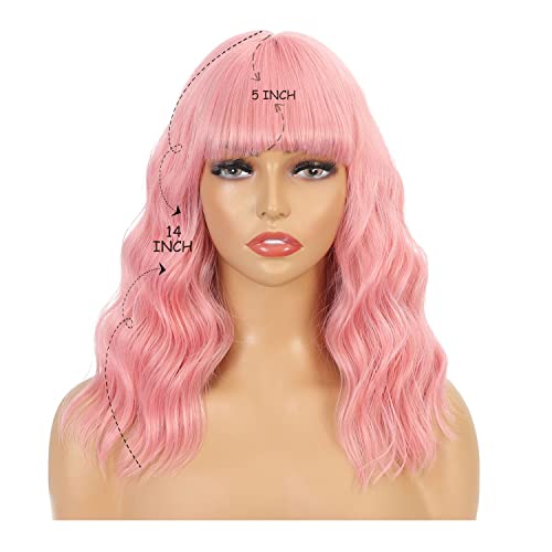 Mylmcai Cosplay sintético Bob Curly Bob Wigs Light Pink com franja Pastel curta peruca ondulada encaracolada 14 polegadas