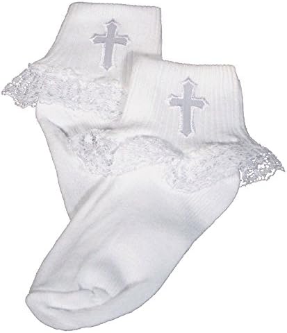 Dia de batismo Girls White Forthlet Meia com apliques cruzados bordados e renda