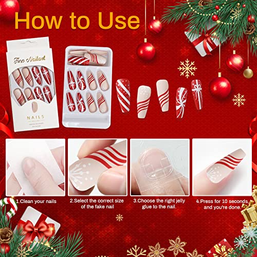 Buriburi 24pcs Imprensa de Natal em unhas vermelhas quadradas longas unhas falsas pregos de capa completa acrílico acrílico para