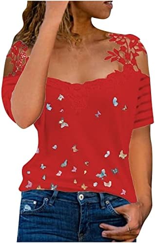 MENINAS TOPS MANEIRA CURTA BLUSES DE ombro frio Tshirts Vneck Lace Butterfly Graphic Loose Fit Hechole Patchwork Tops