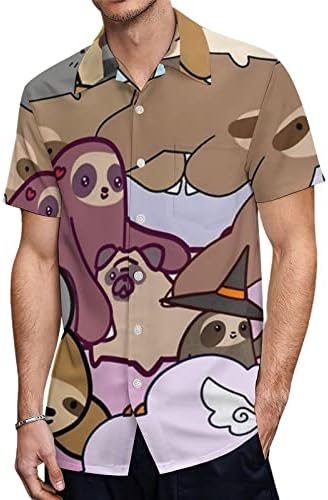 Preguiços e gatos de manga curta casual botão para baixo de camisa de camisa de camisa de praia para homens