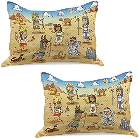 Ambesonne desenho animado malha de colcha de travesseiros, personagens históricos do Egito com pirâmides Cleópatra King Mummy Design