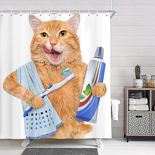 NYMB Funny Animais Decoração de cortina de chuveiro, um gato com pasta de creme dental em cortinas de chuveiro de escova