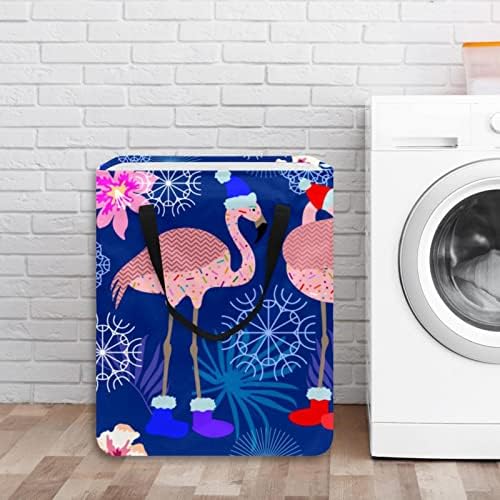 Chapéu de natal flamingo estampa de flor dobrável cesto de lavanderia, cestas de lavanderia à prova d'água de 60L