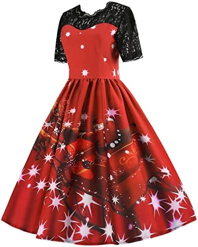 Vestido de Natal feminino renda de renda de retalhos de manga curta Dress Sware Swing Dress 1950s Vintage Graphic Xmas Party