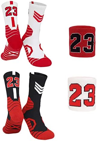 Xxpuhft 2 pares de meias de basquete e pulseiras meias de compactação atlética Socks Numbers+Sweatband-Purple-23