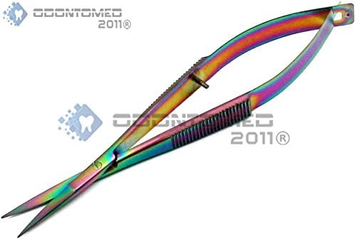 Pacote ODONTOMED2011 de 2 peças Multi Rainbow Color Micro Spring Bordado Scissors Start Scissors 4,5 Detenidade e Curvada,