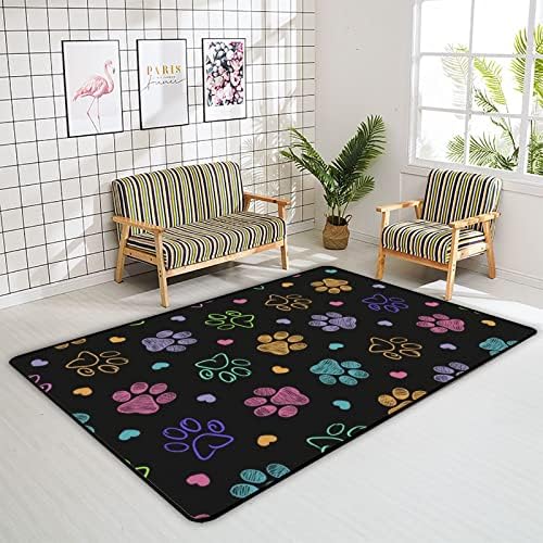 Tsingza tapete macio tapetes grandes de área, estampa colorida de doodle pata confortável carpete interno, tapete de brincadeira