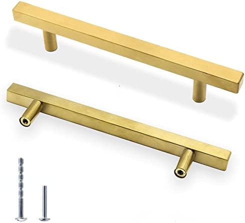 Qjaiune 5 pacote armário de ouro escovado puxa alças de cômodas quadradas, alças de 5 polegadas / 128 mm de orifício para