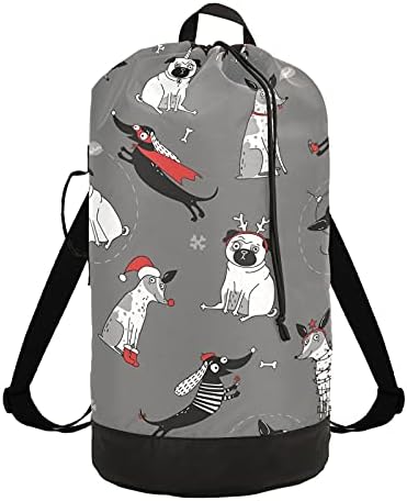 Dogs de Natal engraçados Bolsa de lavanderia grande mochila para a roupa para estudantes universitários com alças de ombro