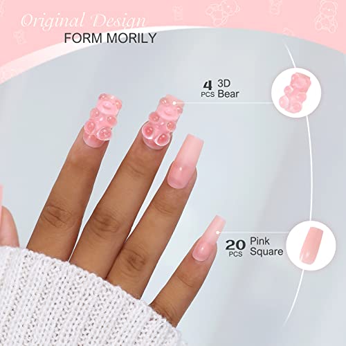 Morily 24pcs Square Long Press On Nails Comprimento médio unhas falsas rosa com 3D Clear Urso Design de acrílico em dicas