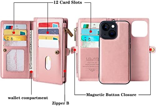 MINCYB Compatível com estojo da carteira do iPhone 14, capa com zíper com slots de suporte para cartas de bloqueio