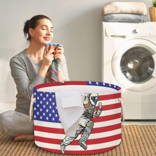 American Flag Astronaut Grandes cestas redondas para cestas de lavanderia de armazenamento com alças cestas de armazenamento