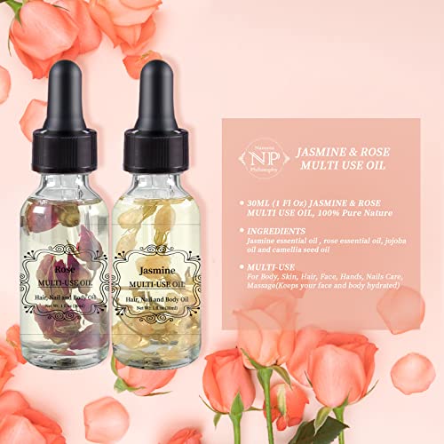 Rose Jasmine Multi Uso Óleo corporal 2 Pacote de óleo essencial natural e orgânico para face, corpo, unhas Cuidados e massagem