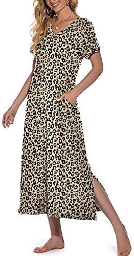 PrintStory Womens Long Nightgown Sleeve Nightshirthirt V-G-dequeck Soft Loungewear Casual Sleepwear com bolsos