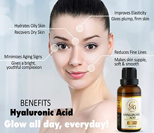 Galaglo Skincare Pure Hyaluronic ácido soro para antienvelhecimento, hidratação intensa + umidade, não gelo, livre de parabenos,