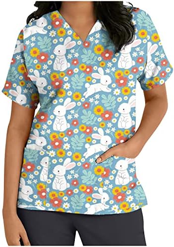 Blusa camiseta meninas de manga curta v pescoço arco -íris flor fofo coelho de coelho