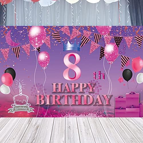 Feliz aniversário de 8º aniversário banner rosa roxo 8º placar pôster 8 de festa de aniversário para capa de fotografia de fotografia